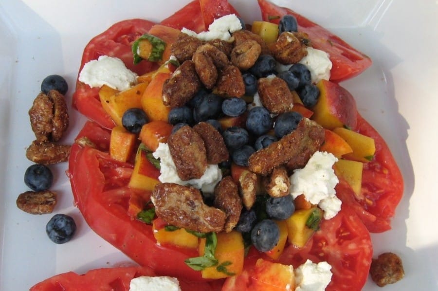 Heirloom Tomatoes with Fresh Peaches, Goat Cheese and Pecans