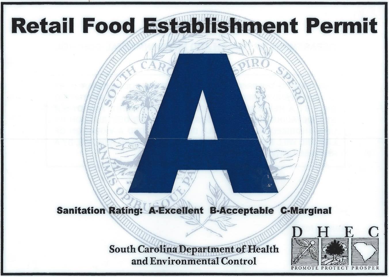 100% score from the SC Health Department Inspection (DHEC)