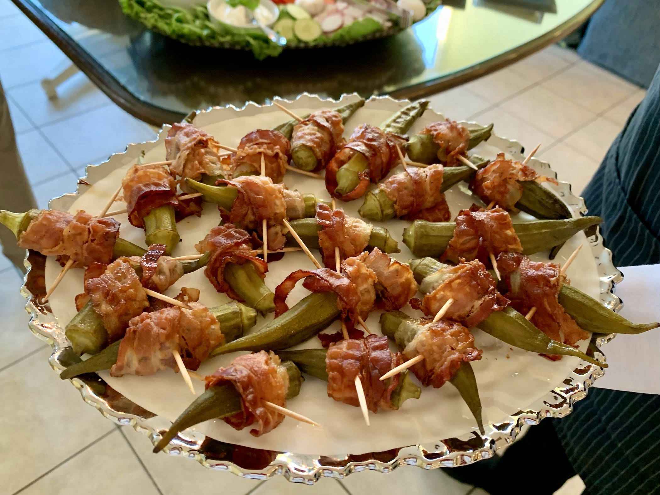 Oven roasted Southern-style pickled okra wrapped in bacon.