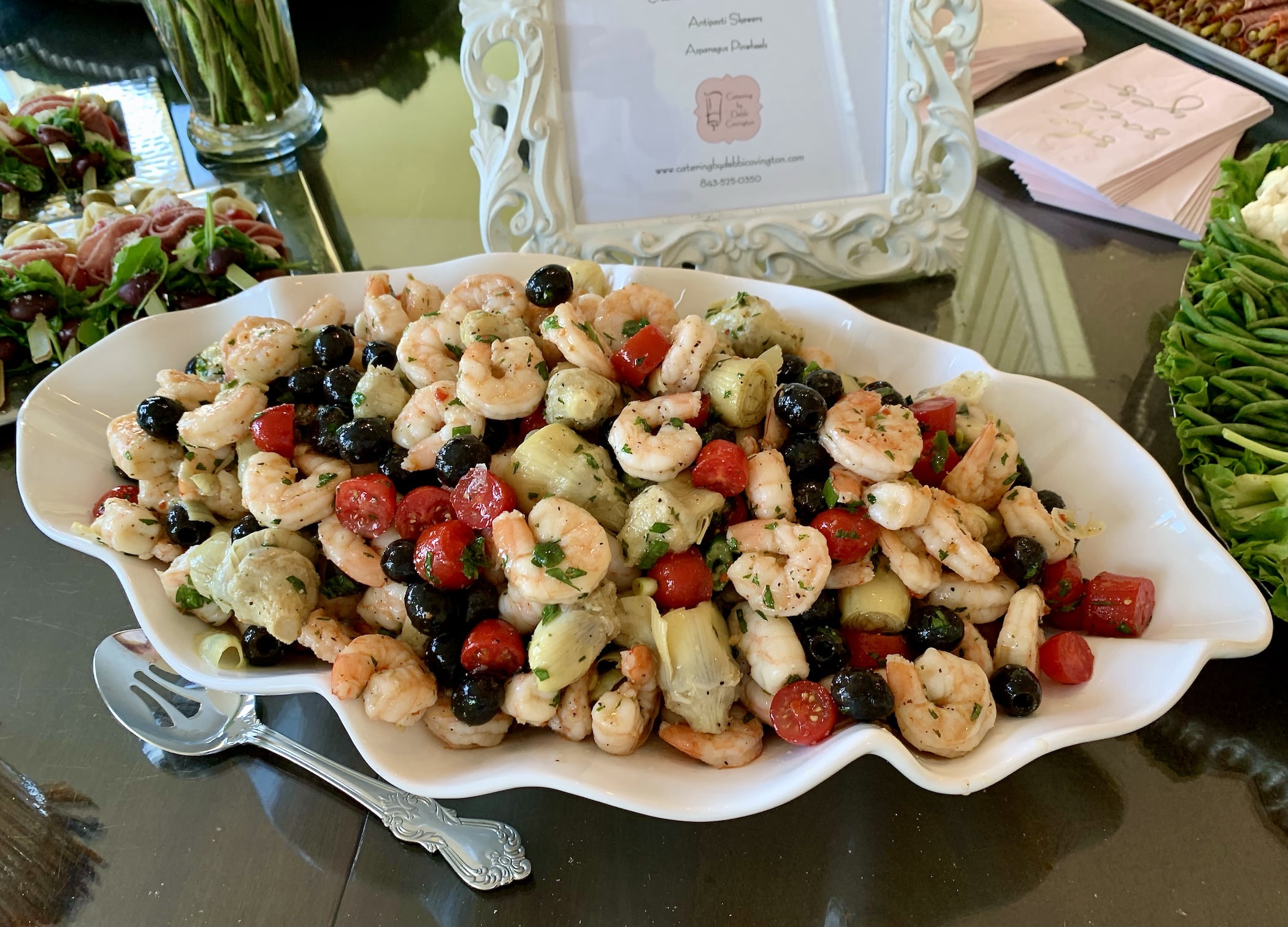 Herb-seasoned shrimp teamed with artichoke hearts, grape tomatoes, black olives and feta cheese.