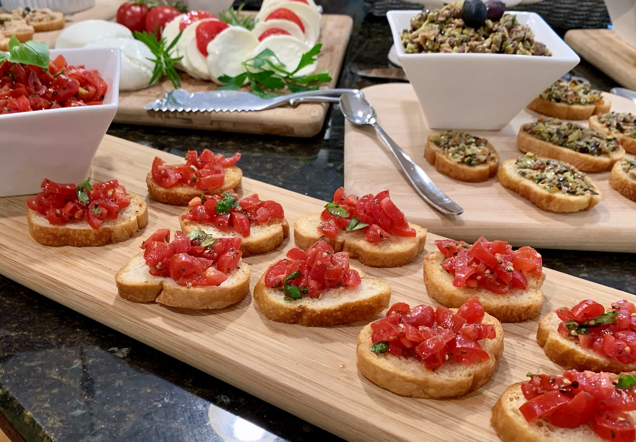 Tomatoes teamed with fresh basil and a balsamic reduction. served on crostini.